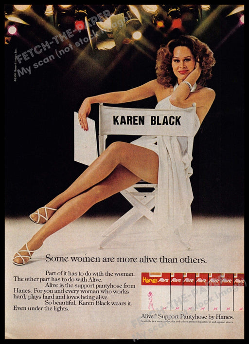 Hanes Alive 1970s Print Advertisement 1977 Karen Black Long Legs Director Chair Hanes Alive