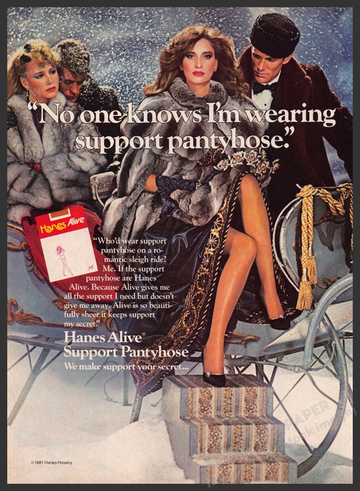 Hanes Alive Hosiery Pantyhose 1980s Print Advertisement 1983 Legs Carriage Snow Fetch-the-Paper