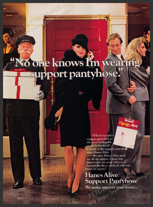 Hanes Alive Pantyhose Hosiery 1980s Print Advertisement 1984 Packages Doorman Fetch-the-Paper