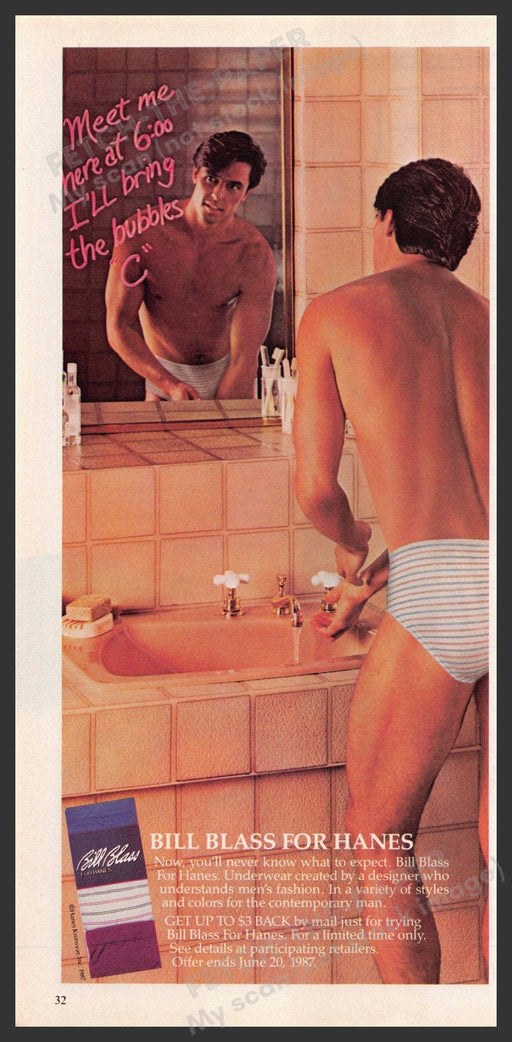 Hanes Bill Blass 1980s Print Advertisement 1987 Guy Men's Underwear Mirror Hanes
