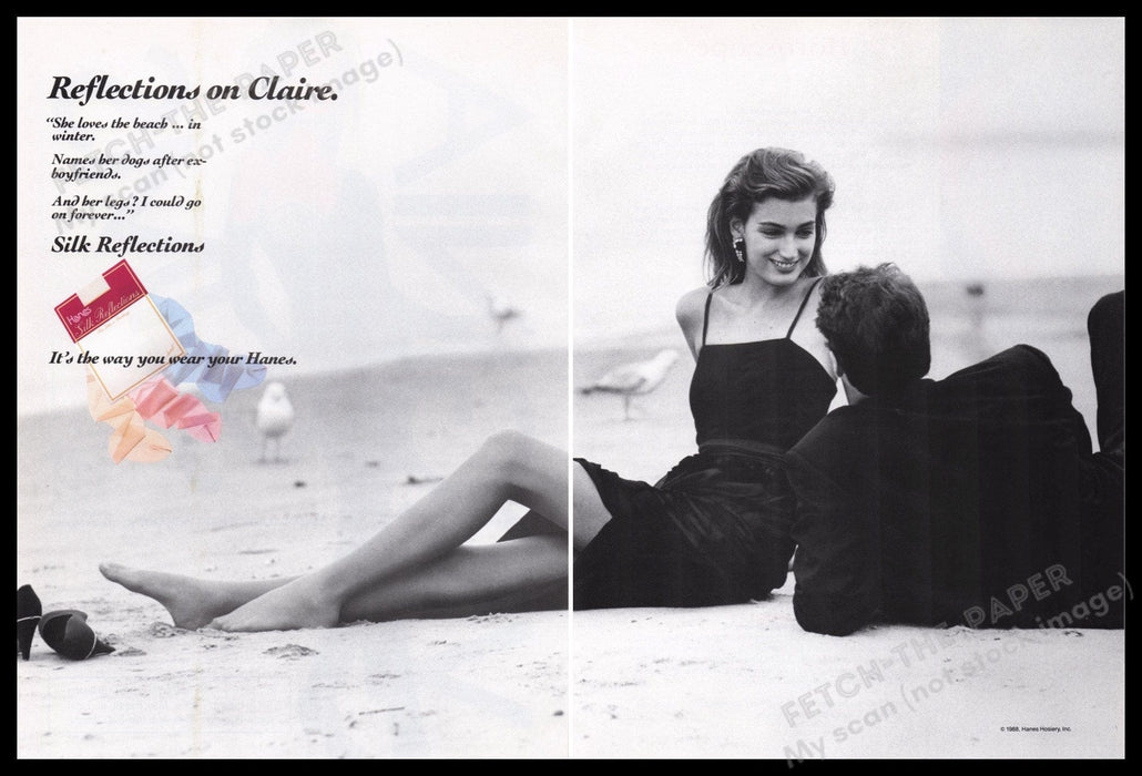 Hanes Hosiery 1980s Print Advertisement (2 pages) 1989 Couple Beach Legs Fetch the Paper!