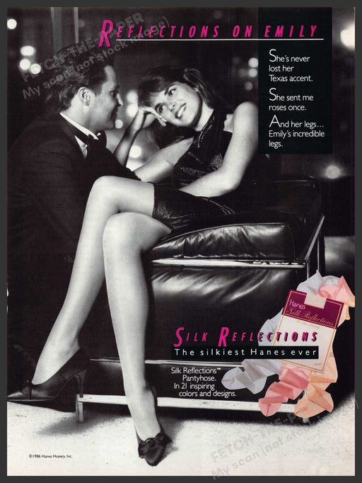 Hanes Silk Reflections Hosiery 1980s Print Advertisement Ad 1987 Legs Couch Hanes