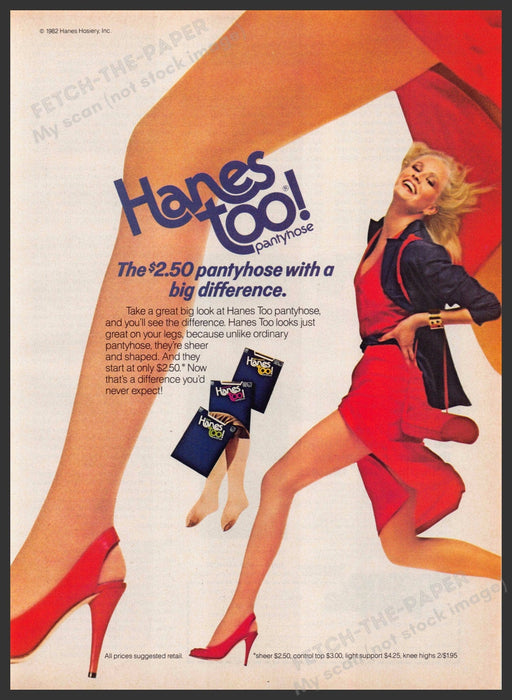 Hanes Too! Hosiery 1980s Print Advertisement 1982 Legs Running Red Dress Fetch-the-Paper
