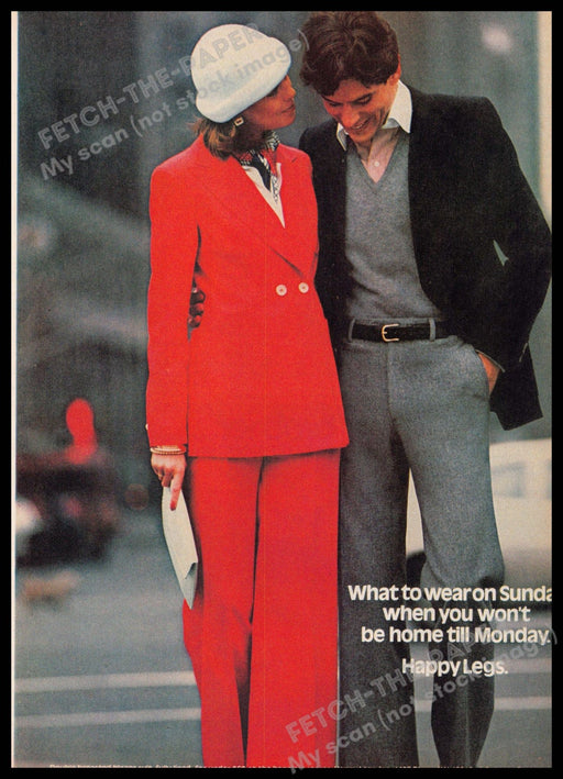 Happy Legs 1970s Print Advertisement 1977 Red Blazer Pant Suit Couple City Happy Legs
