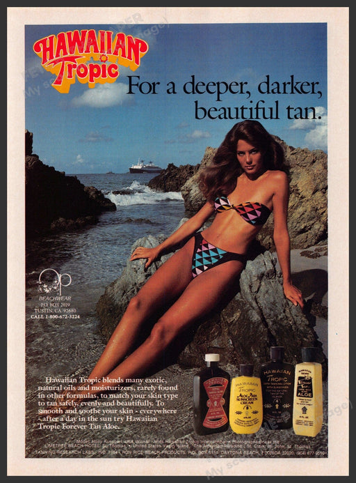 Hawaiian Tropic 1980s Print Advertisement 1984 Tan Skin Bikini Beach Rocks Fetch-the-Paper