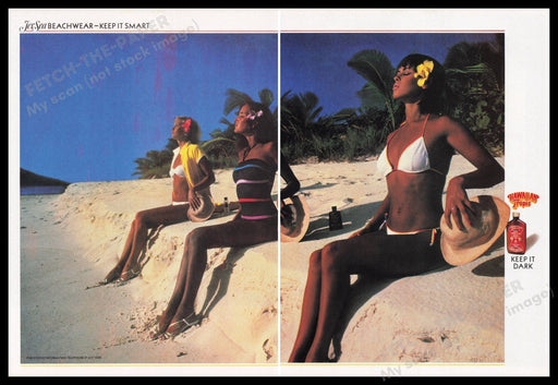 Hawaiian Tropic 1980s Print Advertisement (2 pages) 1982 Dark Tan Swim Suits Sun Fetch the Paper!