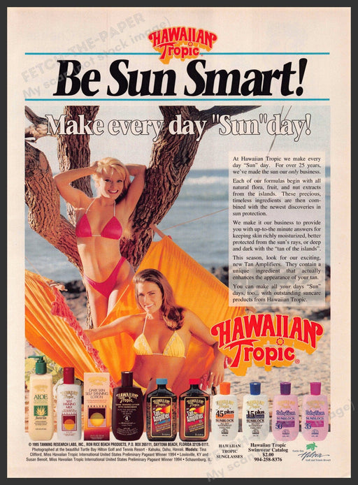 Hawaiian Tropic 1990s Print Advertisement 1995 "Be sun smart!" Bikini Girls Hawaiian Tropic