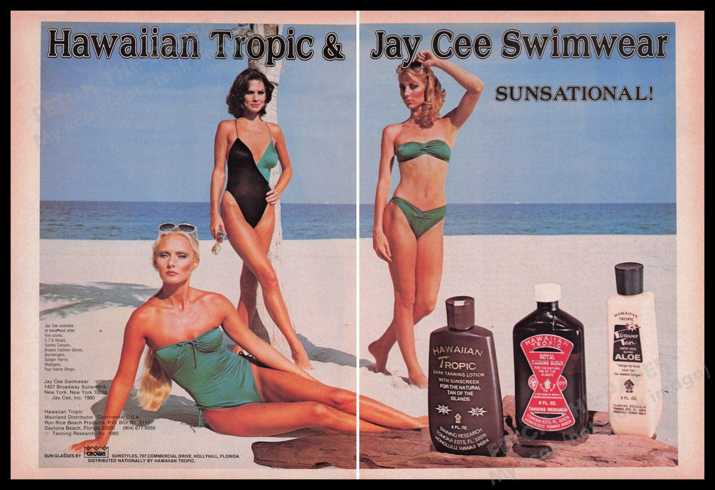 Hawaiian Tropic Jaycee Swimwear 1980s Print Advertisement (2 pages) 1980 Fetch the Paper!