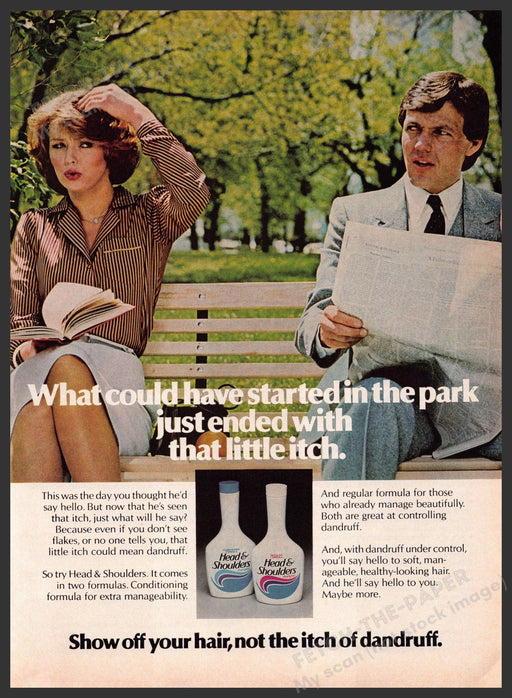 Head & Shoulders 1980s Print Advertisement 1982 Couple Park Bench Her Hair Fetch-the-Paper
