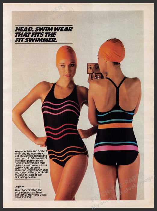 Head Sports Wear 1980s Print Advertisement 1981 Legs Swimming Caps Head Sports Wear