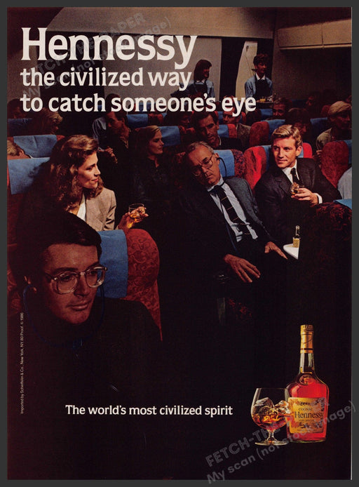 Hennessy 1980s Print Advertisement 1986 Airplane Cabin Interior Catch Eye Fetch-the-Paper