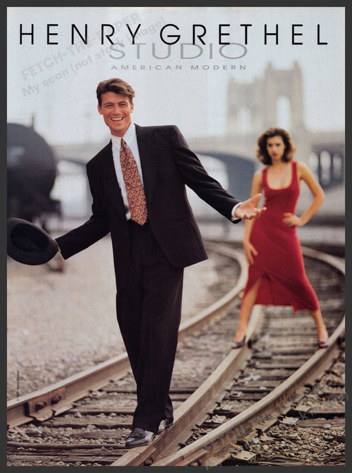 Henry Grethel Studio Clothing 1990s Print Advertisement 1993 Train Tracks Bridge Fetch-the-Paper