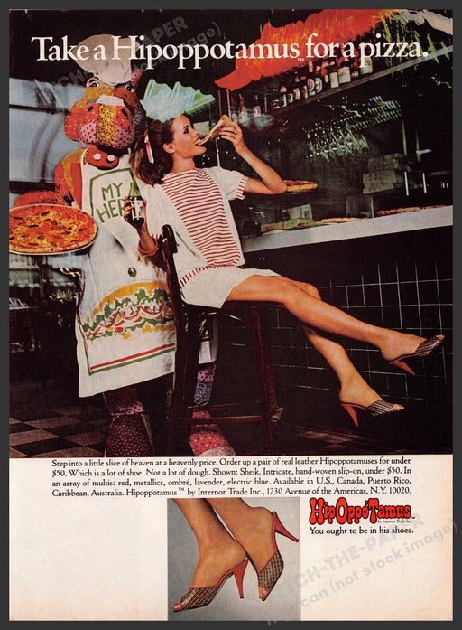 Hipoppotamus Shoes 1980s Print Advertisement 1982 Legs Pizza Counter Pizzeria Fetch-the-Paper