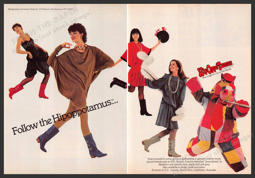 Hipoppotamus Shoes 1980s Print Advertisement (2 pg) 1982 Girls Legs Follow Piper Fetch-the-Paper