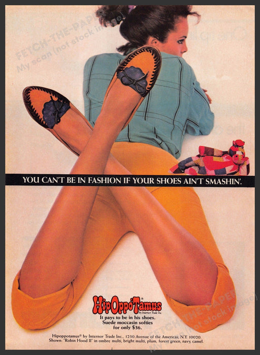Hipoppotamus Shoes Footwear 1980s Print Advertisement 1983 Crossed Legs Fetch-the-Paper