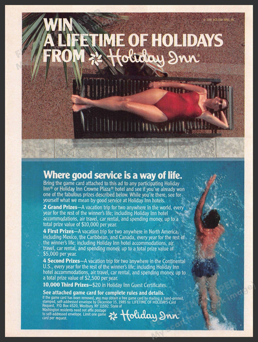 Holiday Inn 1980s Magazine Print Advertisement 1985 Poolside Sunbathing Couple Holiday Inn