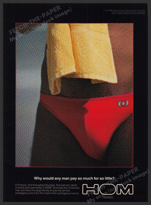 HOM France 1970s Print Advertisement Ad 1979 Men's Underwear Swimwear Fetch-the-Paper