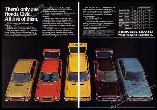 Honda Civic 1970s Print Ad (2 page) 1976 All Five of Them Honda Civic