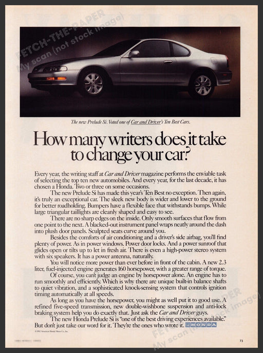 Honda Prelude Si Car 1990s Print Advertisement Ad 1992 "How many writers..." Fetch-the-Paper