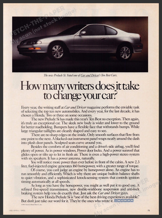 Honda Prelude Si Car 1990s Print Advertisement Ad 1992 "How many writers..." Fetch-the-Paper