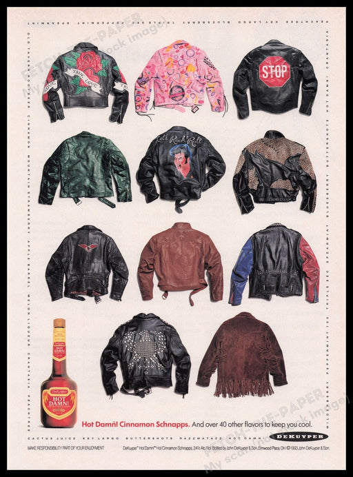 Hot Damn! Schnapps 1990s Print Advertisement Ad 1993 Unique Leather Jackets Fetch the Paper!