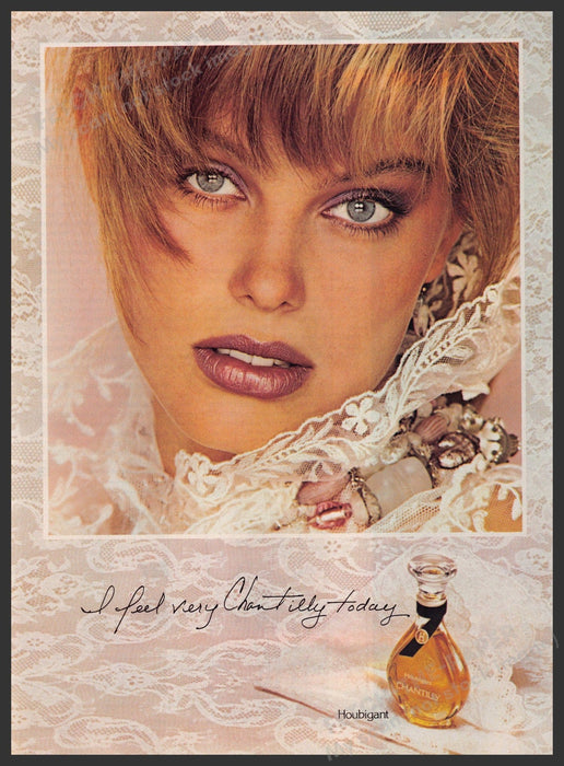 Houbigant Chantilly 1980s Print Advertisement 1984 Fragrance Model Bangs Fetch-the-Paper