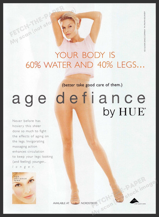 Hue Hosiery 1990s Print Advertisement 1999 Age Defiance Legs Body Fetch-the-Paper