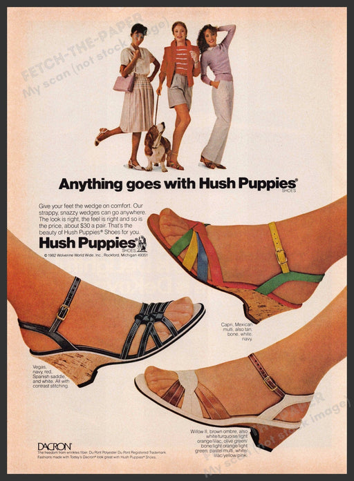 Hush Puppies 1980s Print Advertisement 1982 Colorful Wedge Shoes Fetch-the-Paper