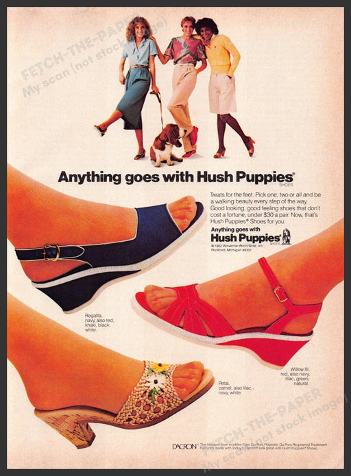 Hush Puppies Shoes 1980s Print Ad 1982 Legs Bassett Hound Dog Hush Puppies