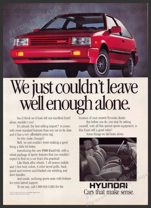 Hyundai Excel 1980s Print Advertisement 1987 Red Car "Cars that make sense" Hyundai Excel