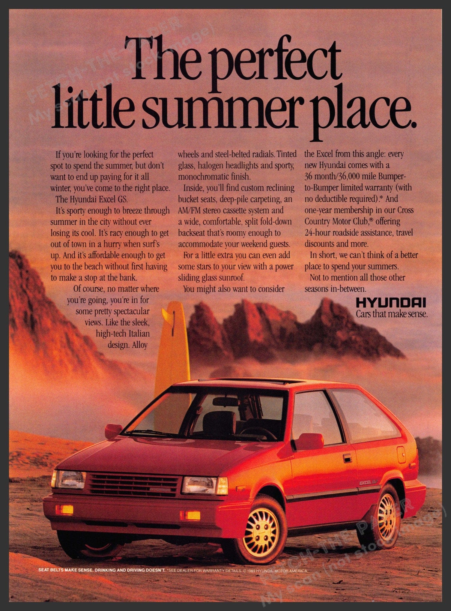 1989 Hyundai Excel GS Print Ad - Beach Sunset Surfboard — Fetch-the-Paper