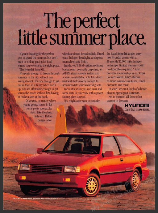 Hyundai Excel GS 1980s Print Advertisement 1989 Surfboard Beach Sunset Hyundai Excel GS