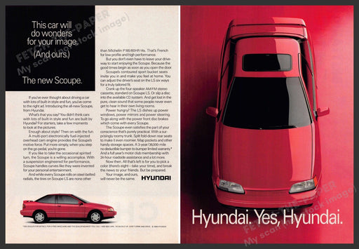 Hyundai Scoupe LS 1990s Print Advertisement (2 pages) 1990 Red Car Wonders Hyundai Scoupe LS