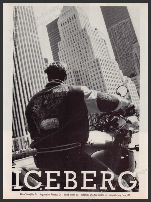 Iceberg Clothing 1990s Print Advertisement Ad 1992 Tall Buildings Motorcyle Fetch-the-Paper