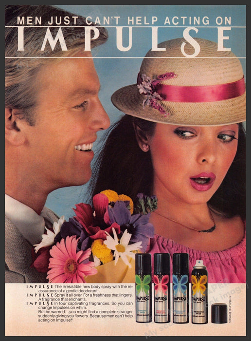 Impulse Body Spray 1980s Print Advertisement 1982 Flowers Couple Fetch-the-Paper