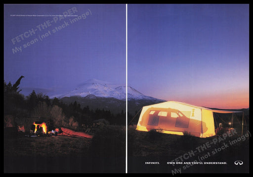 Infiniti 1990s Print Advertisement (2 pages) 1997 SUV Tent Camping Fetch the Paper!