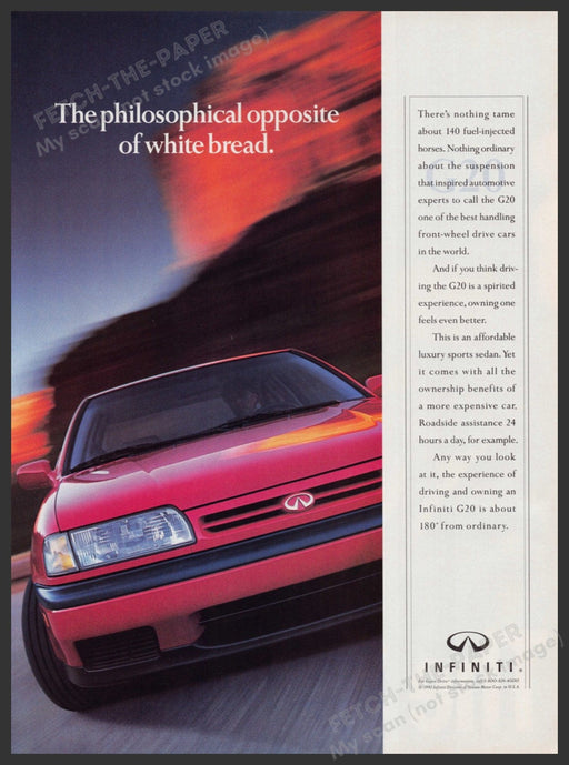 Infiniti G20 Car 1990s Print Advertisement Ad 1992 "Opposite of white bread" Fetch-the-Paper