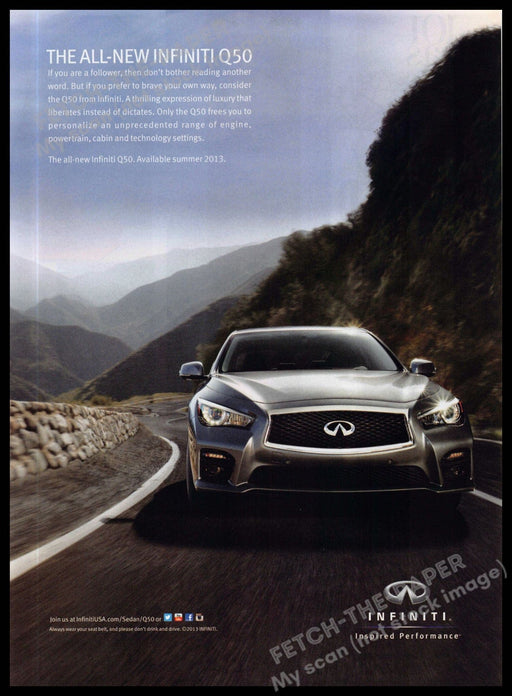 Infiniti Q50 2010s Magazine Print Advertisement 2013 "Inspired performance" Infiniti Q50