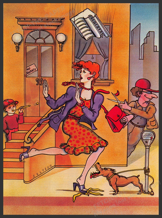 Isadore Seltzer 1980s Magazine Illustration 1983 Hostile City Streets Running Fetch-the-Paper