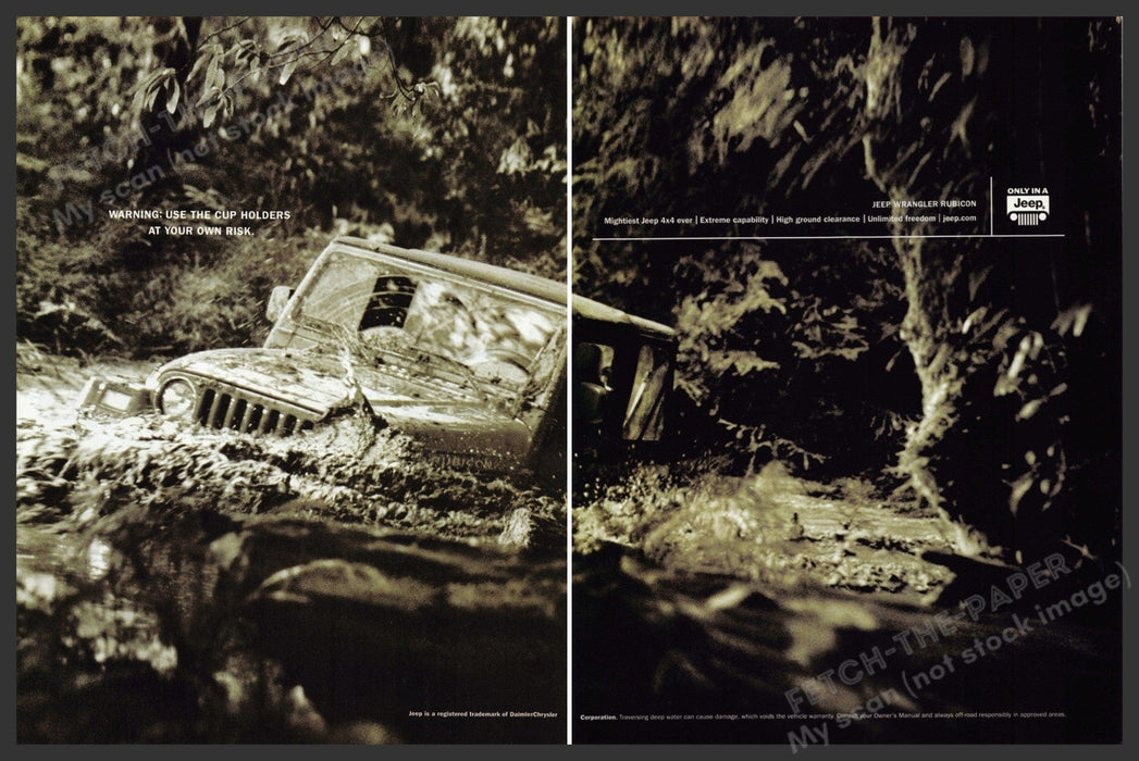 Jeep Wrangler Rubicon 2000s Print Ad (2 page) 2003 Driving Through a Stream Fetch-the-Paper