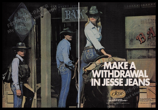 Jesse Jeans Western 1980s Print Advertisement (2 pages) 1980 Sexy Girl Fetch the Paper!