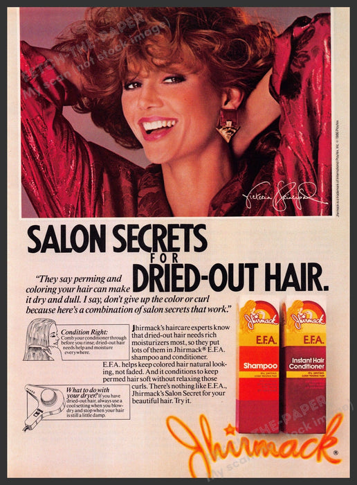 Jhirmack Victoria Principal 1980s Print Advertisement 1986 Dried-out Hair Fetch-the-Paper