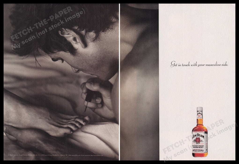 Jim Beam 1990s Print Advertisement (2 pgs) 1997 Painting Toenails Masculine Side Fetch the Paper!
