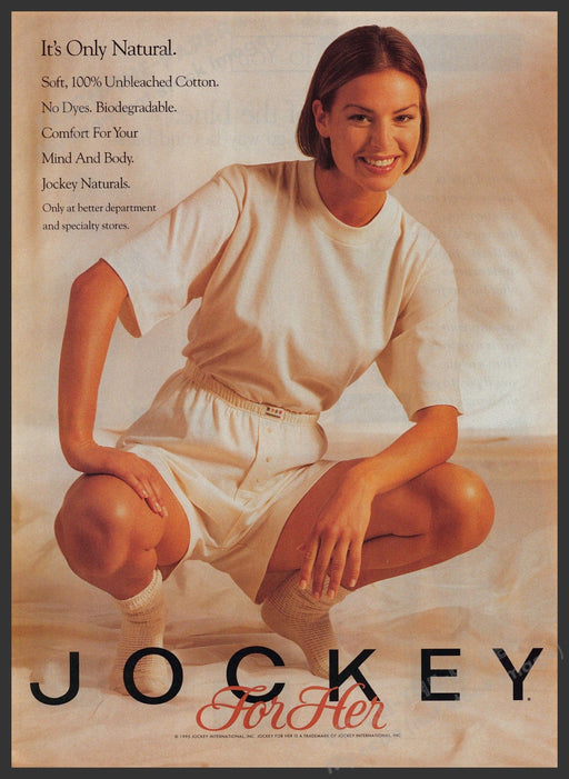 Jockey for Her Clothing 1990s Print Advertisement 1995 Relaxed Squatting Model Fetch-the-Paper