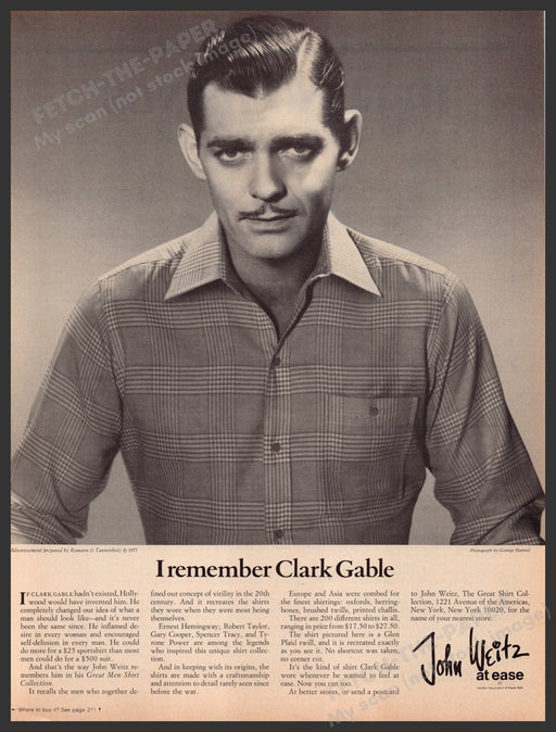 John Weitz Shirt Collection Clark Gable 1970s Print Advertisement Ad 1977 Fetch-the-Paper