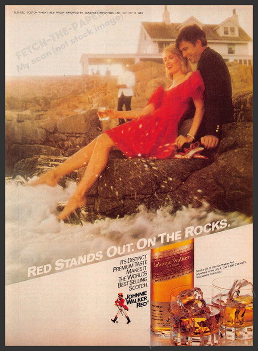 Johnnie Walker Red 1980s Print Advertisement 1984 Legs Couple Water Rocks Fetch-the-Paper