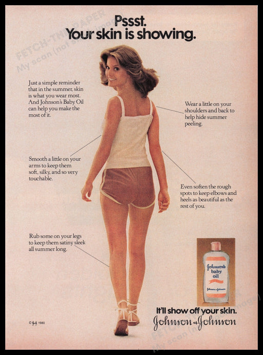 Johnson's Baby Oil 1980s Print Advertisement Ad 1980 Legs "Your Skin is Showing" Fetch the Paper!