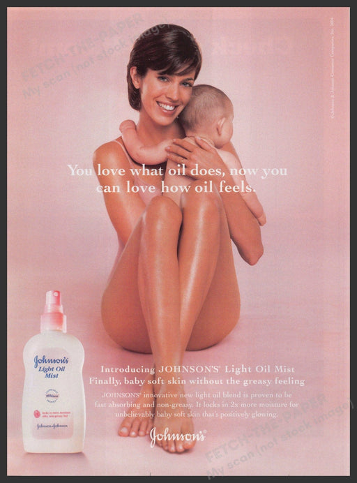 Johnson's Light Oil Mist 2000s Print Advertisement 2004 Mom Baby Skin Soft Legs Fetch-the-Paper