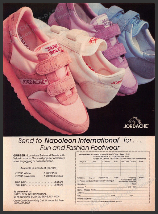Jordache Shoes 1980s Print Advertisement 1984 Satin & Suede Gripper Fetch-the-Paper