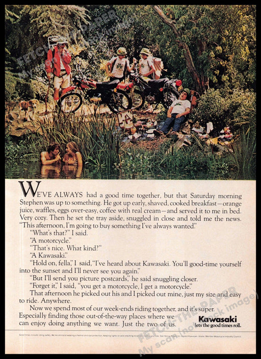 Kawasaki Motorcycles 1970s Magazine Print Ad 1975 Skinny Dipping Couple Kawasaki
